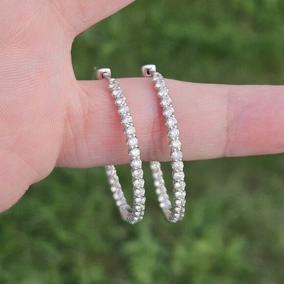 14K White Gold 2.00TCW Diamond Eternity Hoop Earrings 30mm 6.7 Grams - Picture 2 of 14